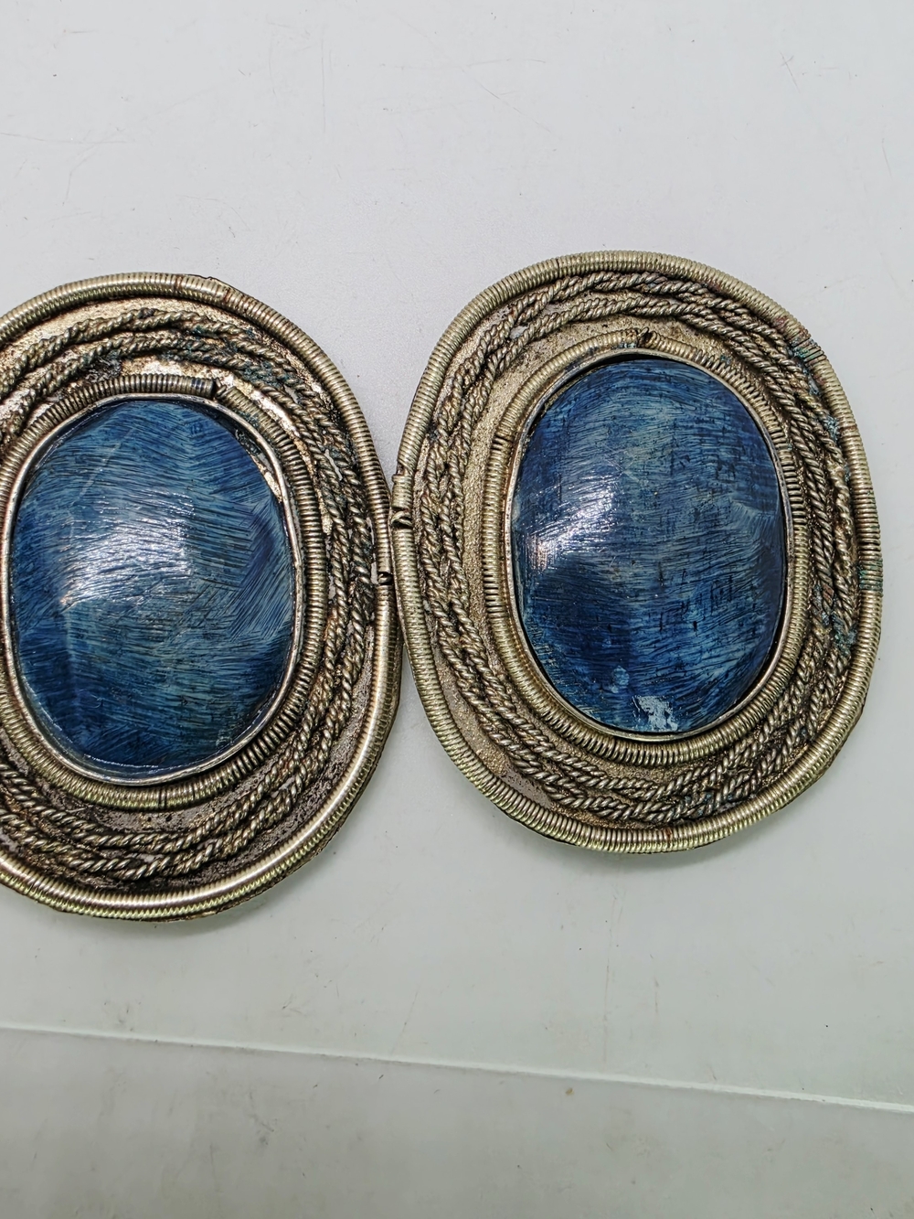 Vintage Boho Cable Twist Rope Faux Lapis Blue Stone Cabachon 2 Pc Belt Buckle